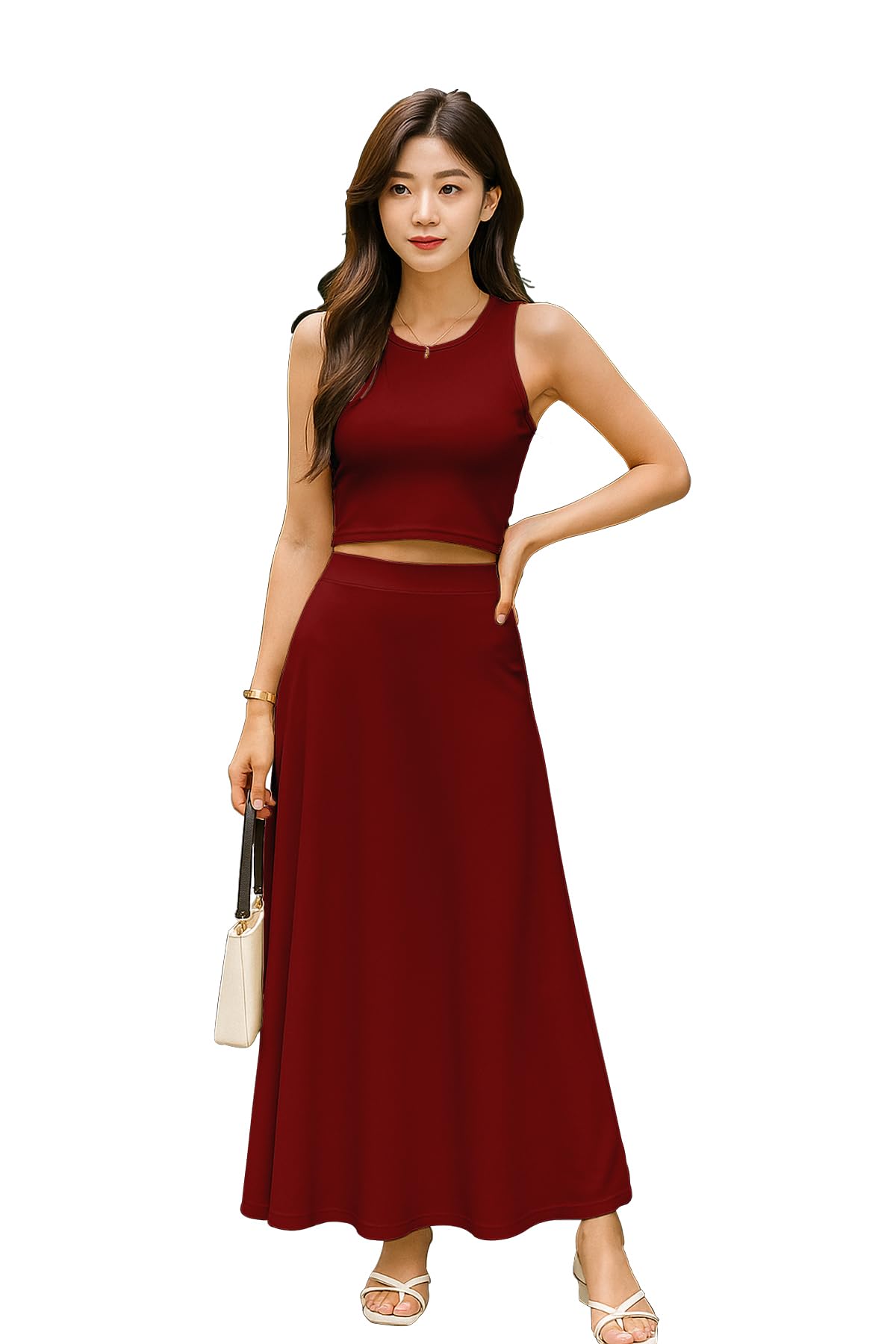 moomaya Women’s 2 Pcs Skirt Set - Sleeveless Crop Top and High Waisted Flared Maxi Skirt - Soft Viscose Jersey Co-ord Outfit-picture-28