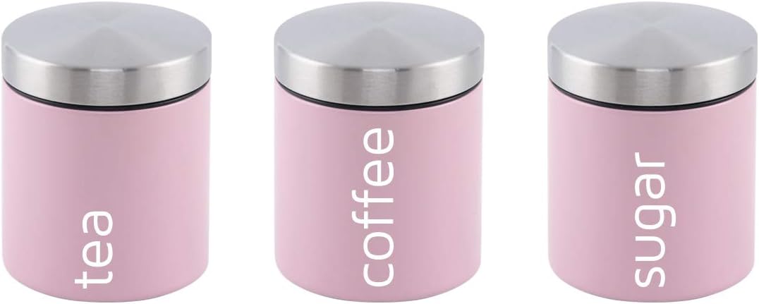 SQ ProfessionalStainless Steel Tea Coffee Sugar Canisters Sets of 3 Tea Caddy Sets for the Kitchen Storage Pots Jars Tea and Sugar Containers Pink (Appleblossom)