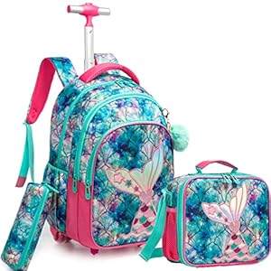 HTgroce Schulranzen mit Rollen, für Mädchen, Grundschulranzen, Einhorn, Trolleytasche, Rucksack mit Rollen, leicht, Schulranzen, 3-teiliges Set, Reisetasche für Schule, Reisen, Wandern., Bunte