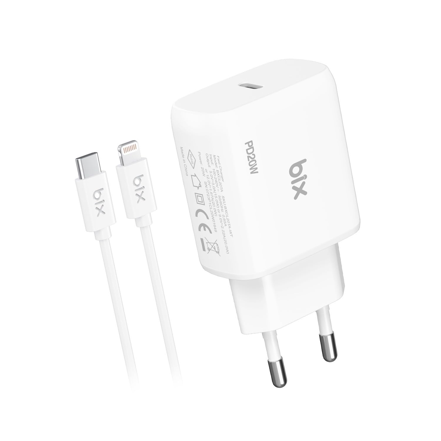Bix BXCL20TA 20W PD Süper Hızlı Type-C Şarj Cihazı, Type-C’den Lightning’e Kablosuyla iPhone 14/14 Pro/14 Pro Max, iPhone 13/12/11/X/XR/XS/Serisi, iPad 9, AirPods Pro ve Daha Fazlasıyla Uyumlu