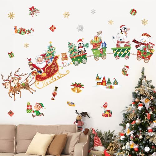 decalmile Christmas Window Wall Decals Santa Claus Reindeer Wall Stickers Christmas Train Snowman Penguin Bear Window Clings Kids Room Home Party Shop Decoration