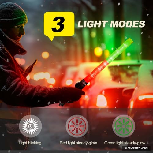 Image of E-riding 4 Pack Traffic Wand, 21 Inch Traffic Control Wand with 3 Flashing Modes & Side Clip, LED Safety Baton for Traffic Control, Parking, Aircraft, Car Directing (Red+Green)