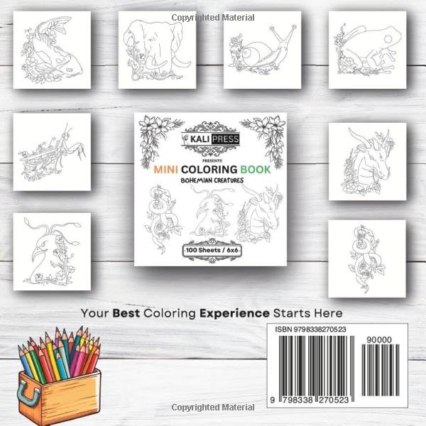 Mini Coloring Book Bohemian Creatures 6x6 Hand Drawn Illustration For Kids Adults 100 Pages: Bold & Easy Tiny Small Pocket Size Travel Friendly Funny and Cute [Kali Press] image 3