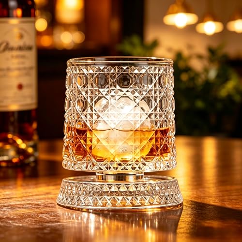 2 Pack 9 oz Clear Whiskey Glasses with Rotating Glass Base， Old Fashioned Glasses ，Spinning Tumbler Set for Bourbon, Scotch, or Cocktails – Unique Gifts for Men (2, 9, ounces) by Leijosya - Used condition - Image 7