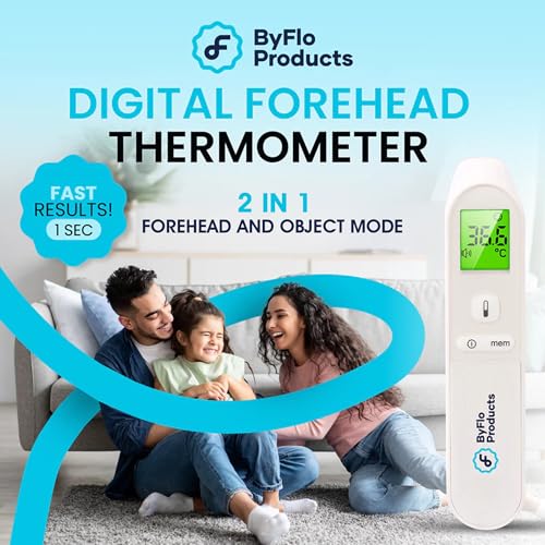 ByFloProducts, Thermometer Adult and Baby, Forehead Digital Thermometer, Infrared Thermometer, Memory and Fever Alarm, Easy to Use, 1 Second Reading Temperature