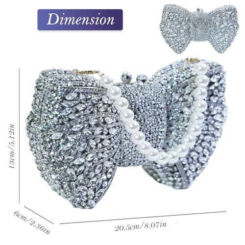 Image of Handmade Inlay Rhinestone Bow Clutch Bag for Women, Sparkling Evening Party Wedding Purse with Detachable Pearl Chain
