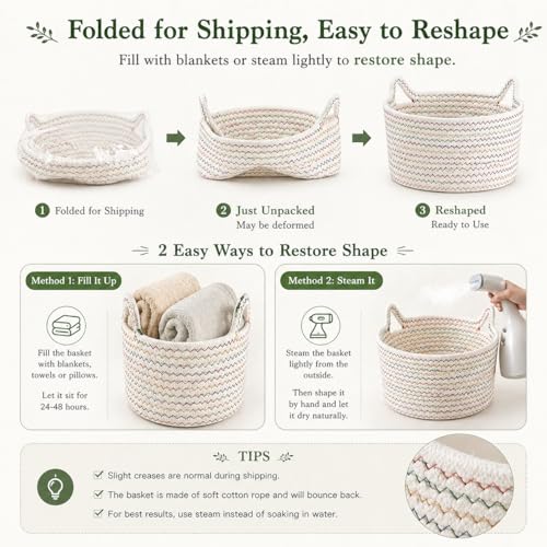 Image of Small Woven Baskets | Mini Storage Bins | Cotton Rope Baby Nursery Organizers | Cute Round Cat Ears Basket for Organizing Desk Decor Kids Toy Dog Cat Baby Girls Gift-Set of 3 (White mixed Colors)