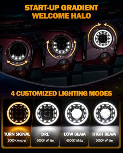 Image of Auxbeam Starlight Flow Series 7 Inch LED Headlights for Jeep Wrangler JK | DOT Approved, Start-Up Gradient Halo, with DRL & Turn Signal, IP67 Waterproof, Anti-Glare, H6024 Hi /Low Sealed Beam, Black