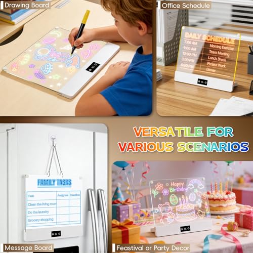 LED Drawing Board for Kid - Rechargeable 14" Doodle Glow Neon Art Note Boards, Holiday Birthday Gifts Toy for Kids Girls Boys Teens, Light Up Acrylic Dry Erase Message Note Writing Pad with 7 Markers - image 5
