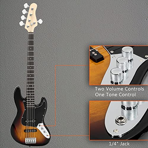 Ktaxon Electric Bass Guitar, 5 String Full Size Jazz Bass Guitars Beginner Kit With Gig Bag, Shoulder Strap, Cable Accessories For Starter, Kids & Adults (Brown Sunburst) #TOP4