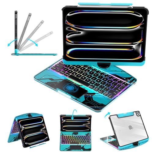 Image of Clear Keyboard Case for iPad Pro 13 inch (M4 /M5 2024 /2025),360 Swivel Multi-Touch Trackpad, with Wireless Bluetooth 3-Brightness &7-Color Backlit, Pencil Holder and Keyboard Shortcuts Blue