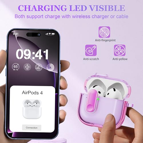 Image of for AirPods 4th Generation Case 2024 with Bright Plated Bezel and Switches, Military-Grade Shockproof Transparent Anti-Yellowing for AirPods 4 Cover, Purple