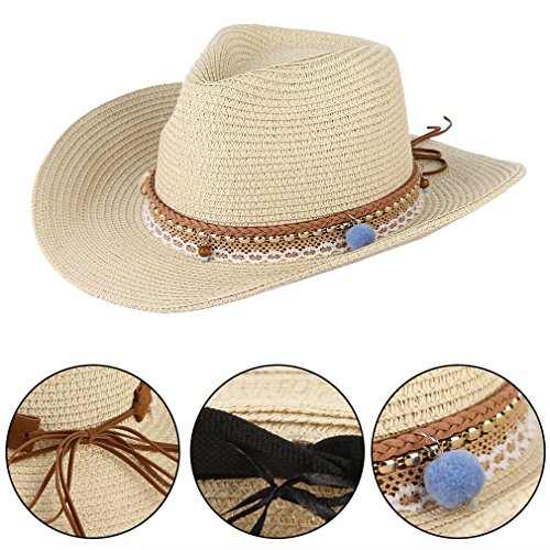 Straw Cowboy Hat For Women Men Girls Roll Up Wide Brim Western Cowgirl Summer Beach Sun Hats Beige #TOP1