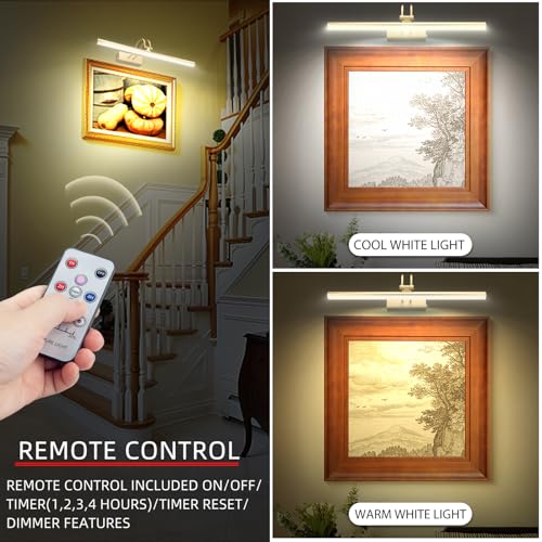Image of RAIFOOLLY Picture Light,Picture Lights for Wall Cordless,20 inch Picture Lights with Timer and Dimmable,Battery Wall Lights for Display Gallery Painting Art Frame Portrait-Brass 2Color