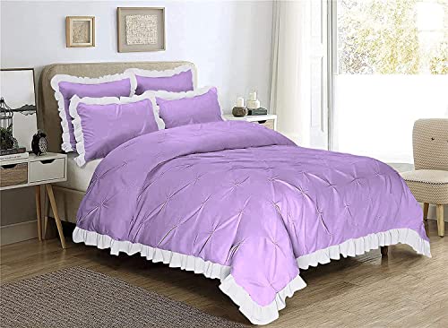 Image of 300 TC Pinch Ruffle 2 Tone Duvet /Razai /Blanket Cover with 2 Pillow Cover- 100% Cotton (Zipper Closure) Razai Cover 3 PC Set, Soft & Lightweight-Double Size White /Lavender