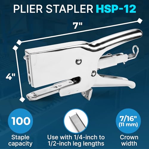 IDL Packaging HSP-12 Heavy-Duty Metal Plier Stapler, Silver - Works with 7/16\" (11 mm) Crown Staples - Industrial Cardboard Stapler - Great for Sealing Packaging Boxes, Mail Bags, or Poster Tubes