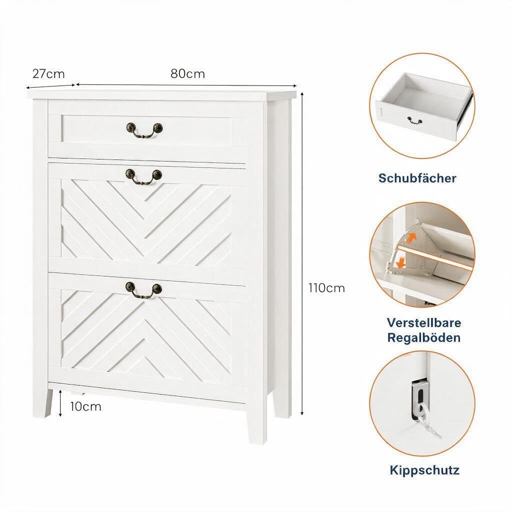 GarveeHome Schuhschrank mit 1 Schublade & 2 Klappen, Schuhregal aus MDF 80 x 27 x 110 cm für Flur & Diele – Schmaler Schuhschrank mit V-förmigen Klappen, Platzsparend, Stabil & Langlebig, Weiß
