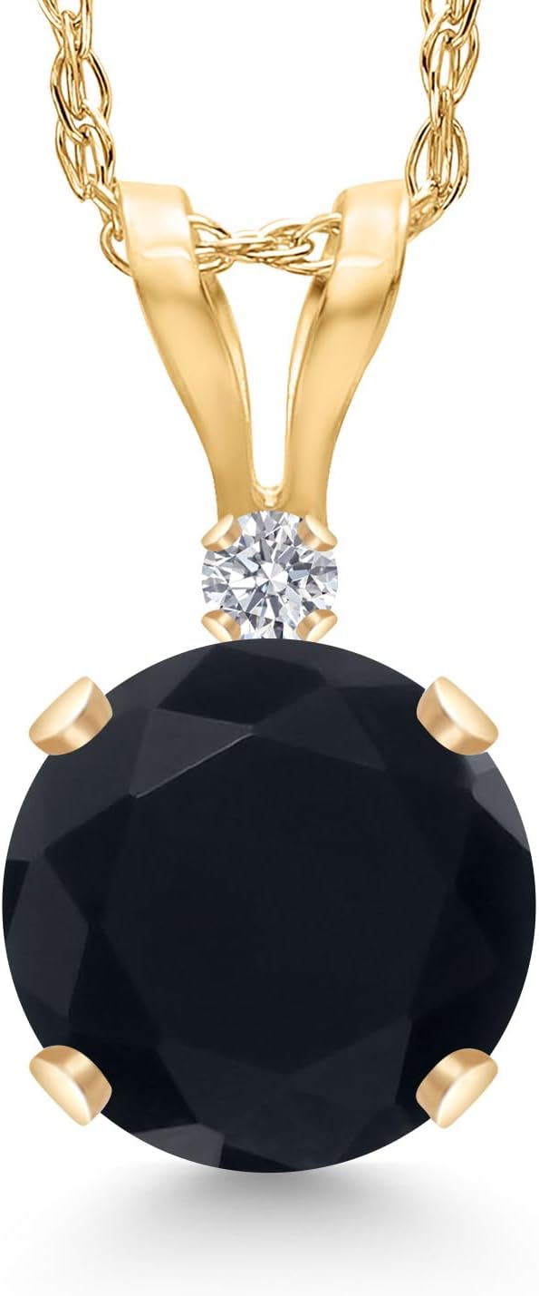 Gem Stone King 14K Yellow Gold Black Onyx and Lab Grown Diamond Pendant Necklace for Women | 0.82 Cttw | Gemstone December Birthstone | Round 6MM | With 18 Inch Chain