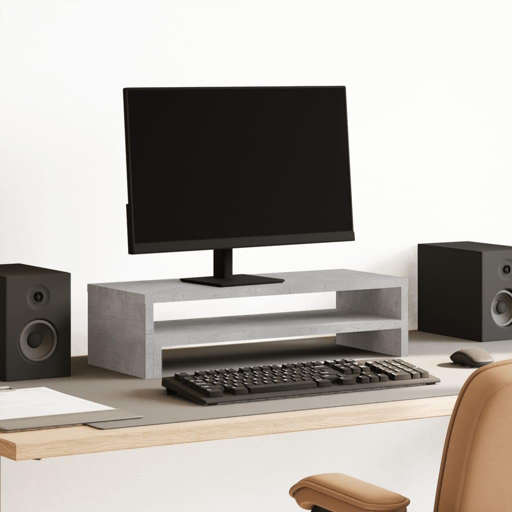 Supporto per monitor in legno grigio cemento, 54 x 22 x 15 cm, organizer da scrivania per computer portatile, postazione di lavoro, home office e gaming, portata 25 kg