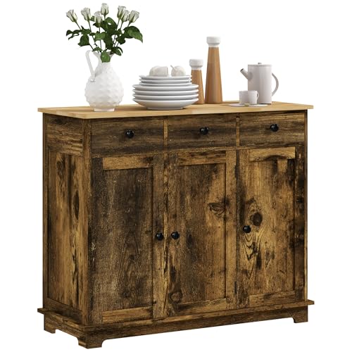 HOMCOM Sideboard Buffet Cabinet Solid Wood Countertop White | Modern Kitchen Storage Coffee Bar Cabinet 2 Drawers Doors Adjustable Shelf product thumbnail 13