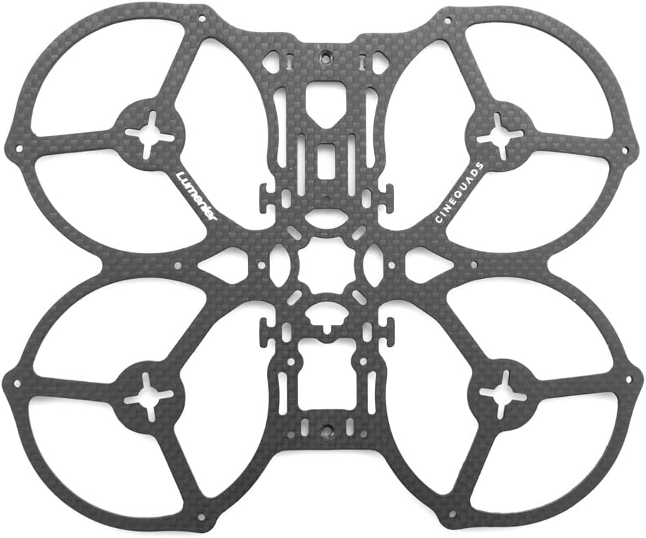 ඉහළ සිට පහළට view of the Lumenier QAV-PRO Micro Whoop 2.5 Cinequads Edition Motor Plate, showcasing its carbon fiber construction and intricate design.
