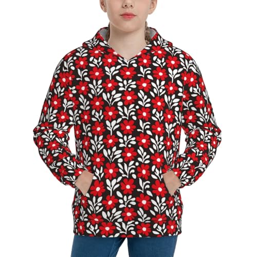 Red Floral Kid Hoodies Boys Sweatshirts Girls Pullover with Pocket