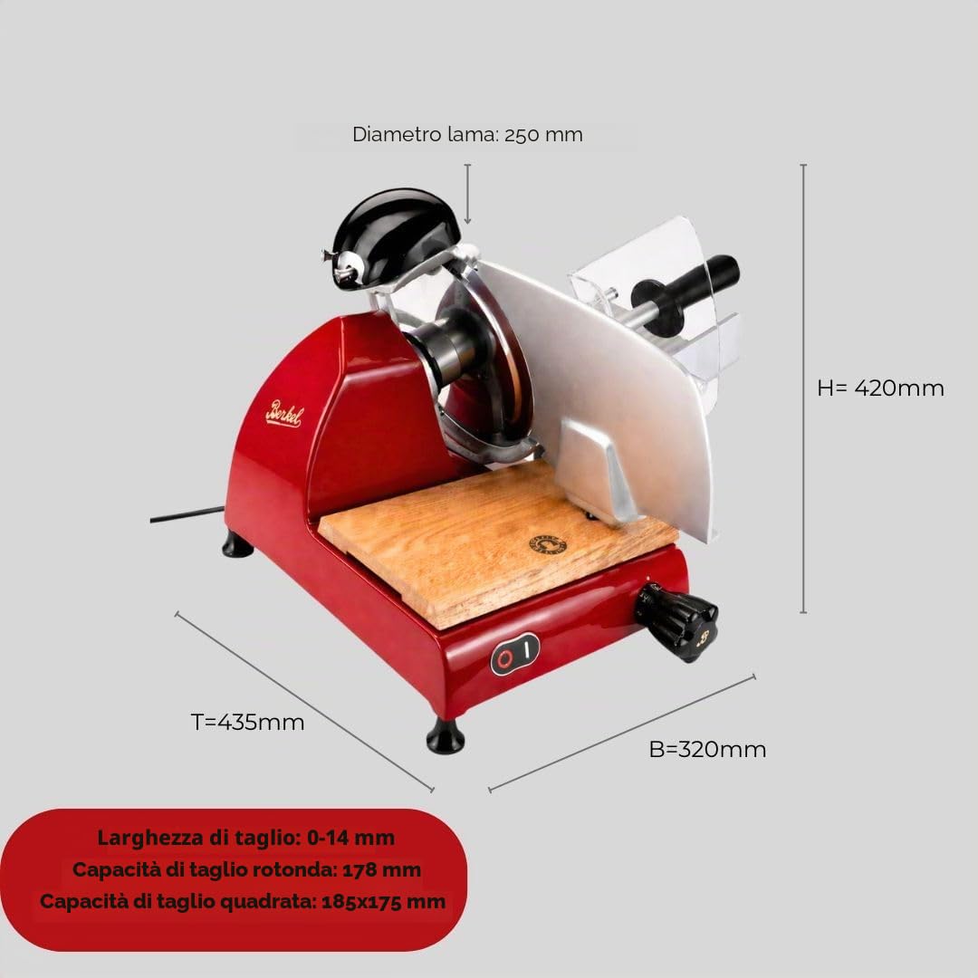 Palatina Werkstatt ® Berkel Red Line 250 rosso Affettatrice/affettatrice professionale con smerigliatrice integrata + Tagliere in legno di botte, Prezzo di vendita: € 1169,-