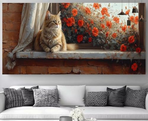 Broderie Diamant XXL Chat et Fleurs pour Décoration Maison Salon Adulte