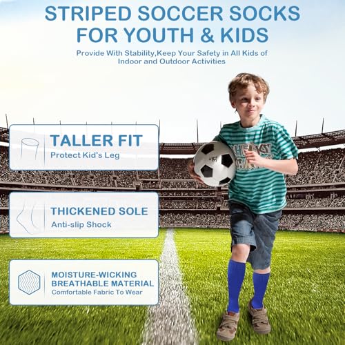 3 Pairs Kids Soccer Socks Striped Knee High Tube Socks Football Uniform Sports Socks for Boys Girls 6-12 Years Old4