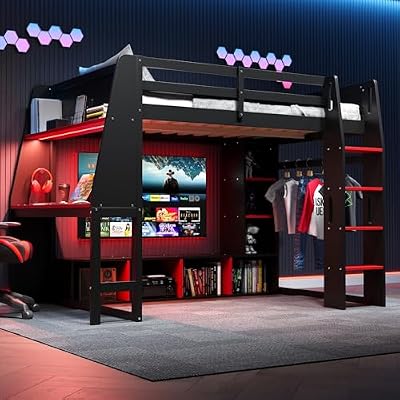 MoproBeti Wood Full Size Gaming Loft Bed with Desk, Multi-Storage Shelves, LED and a Hanging Clothes Rack,Black