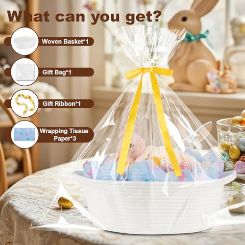 Image of OIAHOMY Gift Basket with Handle, 13.4 inchx 10 inchx 5.5 inch Easter Basket with Gift Bag, Ribbon and Wrap Tissue Paper, Nursery Bins Empty to Fill with Towels, Baby, Pet Toy Organizer - Easter White