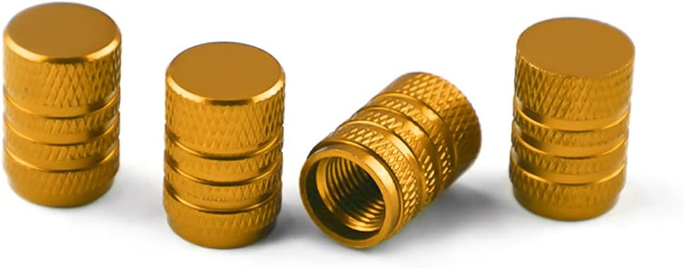 4Pcs Tire Valve Stem Caps, Easy-Grip Knurled Car Tire Valve Stem Caps Valves Covers, Aluminum Alloy Knurled Tire Valve Dust Covers, Universal Aluminum Tire Valves Cap with Rubber Ring (Gold)