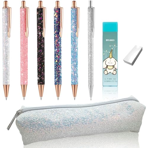 Glitter-School-Supplies-for-Girls5-Glitter-Pens1-Mechanical-Pencils-07mm1-Erasers1-Lead-Refill-Set1-Pen-Glitter-Pencil-CaseCute-Stuff-for-StudentsSpecial-Pen-BagOffice-Decor-for-WomenWhite