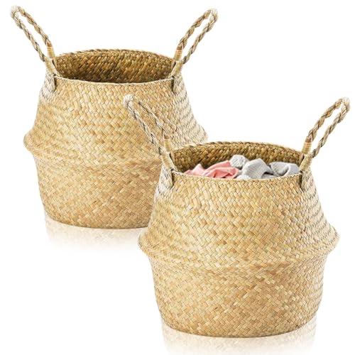 Exquilnova 2 Stück Seegras Korb, Rund Wäschekorb mit Henkel, Gewebt Körbchen Übertopf Bastkorb, Blumentopf Körbe Bauchkorb Rattankorb...