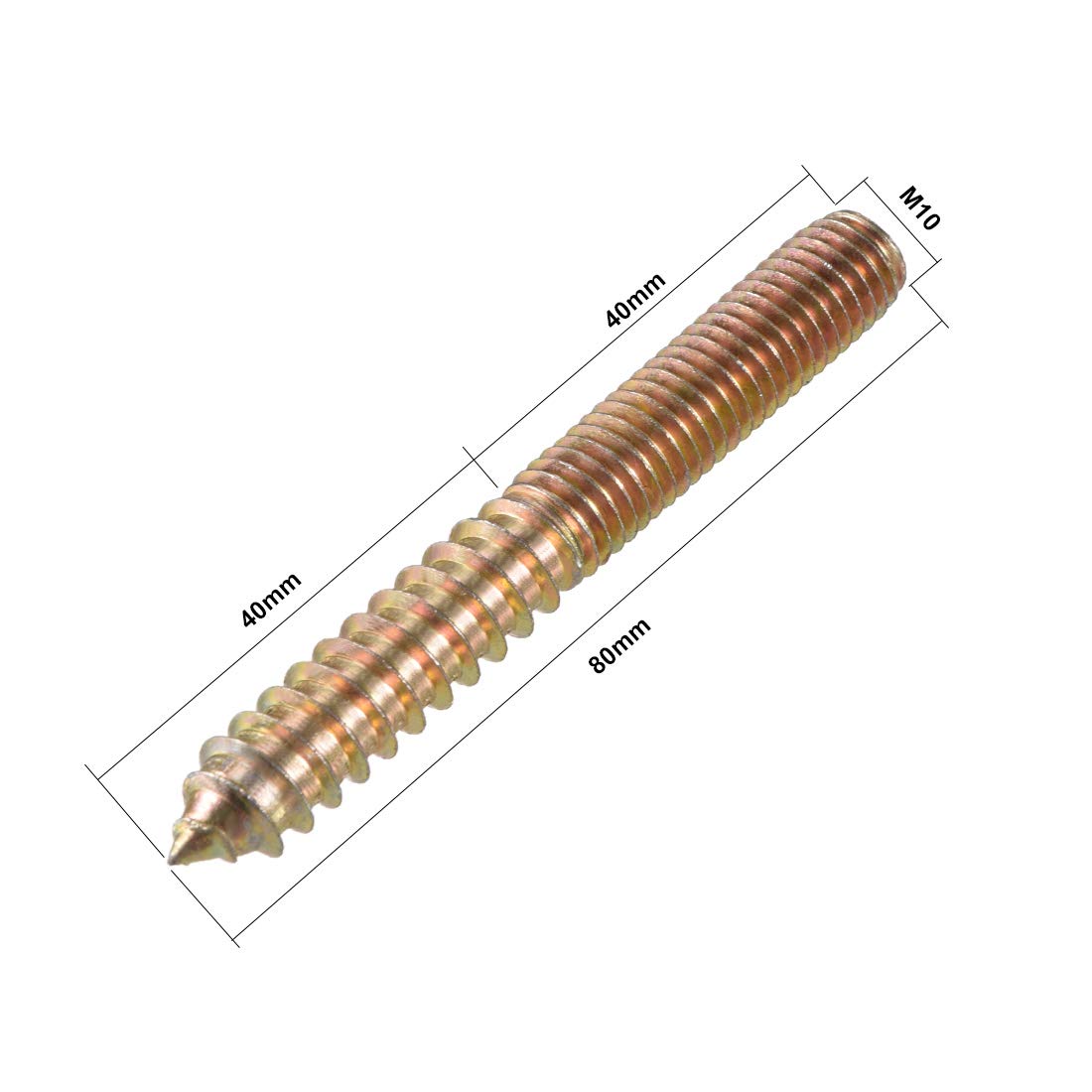 sourcing map M10 Vis Double Filetage Boulon Longueur 80mm Double Tête Autotaraudeuse 10mm Bois Joint Meubles Jambes 10Pcs