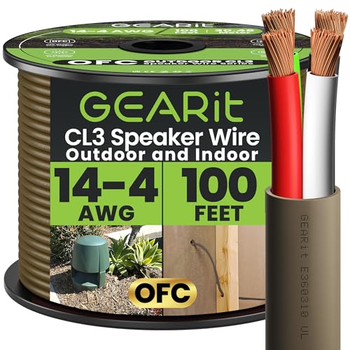 GEARit Outdoor Speaker Wire CL3 Rated, 14 Gauge Speaker Wire, Speaker Cable 100 ft for Outdoor Speakers, Patio, Garden, Backyard Audio, Direct Burial in Ground/in Wall, OFC (Brown, 4-Conductors) by GEARit - Used condition - US$69.96