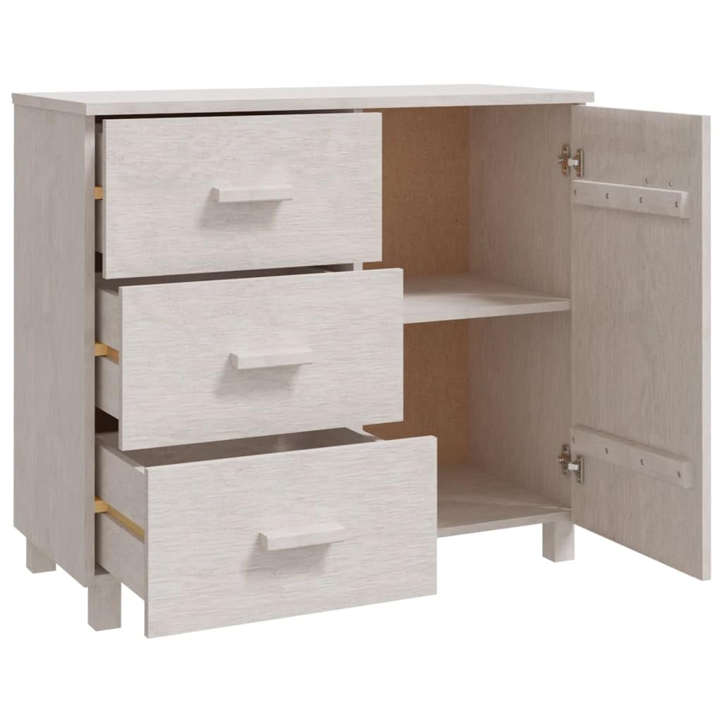 Kredens biały z litego drewna sosnowego, 90 x 40 x 80 cm, z drzwiami i 3 szufladami, schowek do salonu, korytarza, sypialni, praktyczna komoda z drewnianymi uchwytami i półką