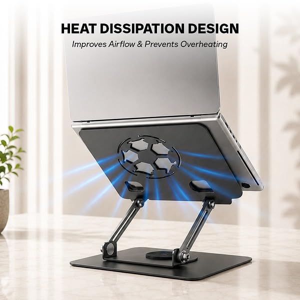 Image of Aluminum Laptop Stand for Desk - 360 Rotating Swivel Base, Height Adjustable Ergonomic Riser - Foldable & Portable Notebook Holder Compatible with MacBook, HP, Dell, Lenovo