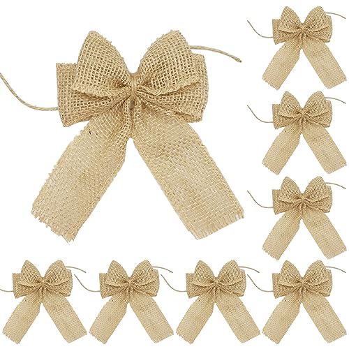 Nature Burlap Bows for Christmas Decorative, Bowknot Ornament for Christmas Tree Wreath, Rustic Gift Wrapping, Wedding Gift Packing, Burlap Jute Bow for Craft, Set of 8, 5×6.5 Inches (8 Pcs)
