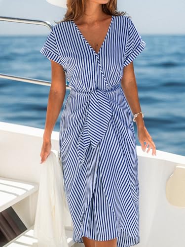 Image of CUPSHE Women's V Neck Wrap Dress Twisted Slit Pleated Waist Tie Short Sleeve Summer Midi Dresses