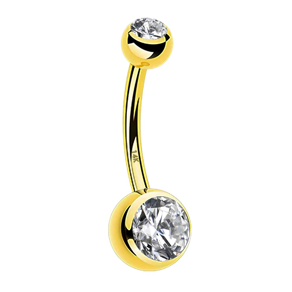 OUFER Body Piercing Belly Button Piercing 14k Solid Gold Belly Bars Clear Round CZ Inlaid Navel Bar Navel Ring Body Jewellery