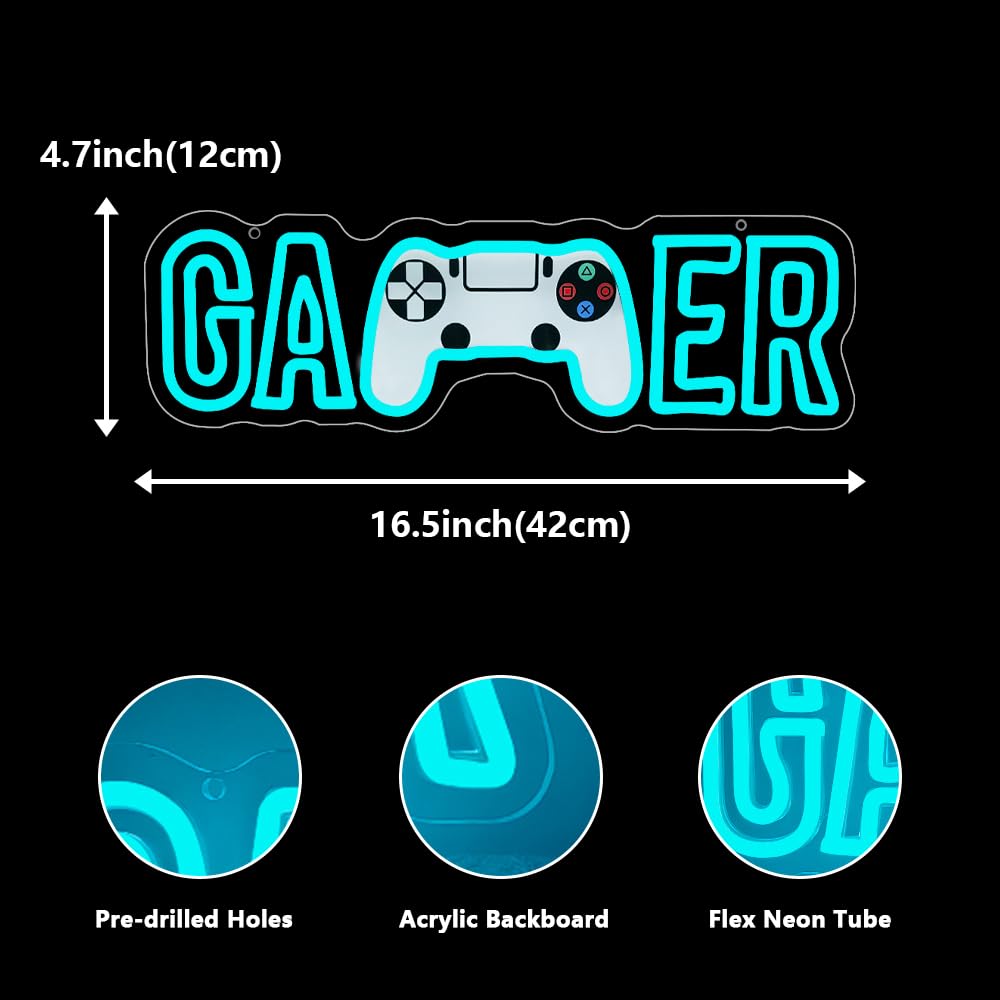 Gaming Lights for Game Room Zone Bedroom Club Party Man Cave,Gamer Neon Light Sign Gift for Gamer Boys Teen Men,Gamepad Shaped Dimmable LED lights for Wall Art Decor USB Powered(16.5"*4.7") - Image 3