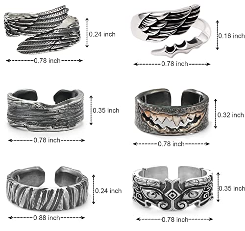 Firazio 6 Pcs Mens Vintage Open Rings For Men Angel Wings Adjustable Ring Set Feather Band Rings Jewelry #TOP2