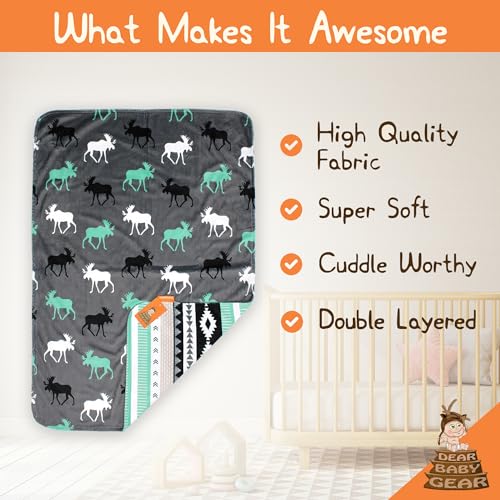 Image of Dear Baby Gear - Reversible Baby Blankets - Soft Nursery Blanket for Newborn - Toddler Blankey - Throw Blanket for Boys & Girls - Infant Blankets - 40x30 inch (White Gray and Mint, Moose)