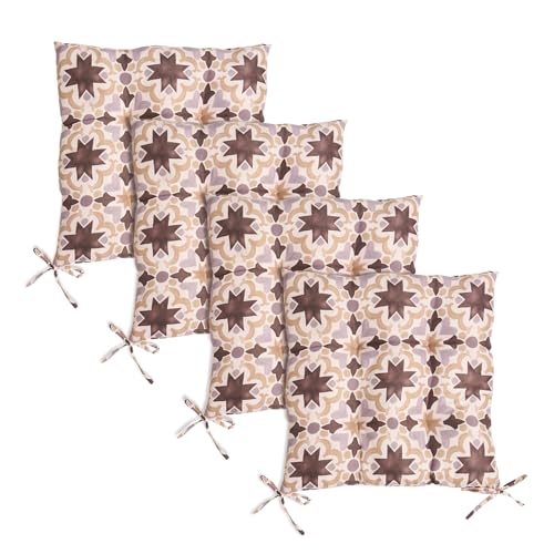 OHS 4 Pack Seat Pads Garden Chair Cushions Tile Print Soft Comfy Indoor Outdoor Seat Cushions with Ties for Garden Furniture Bistro Chairs Kitchen Dining Chair Cushions Natural - 40 x 40cm