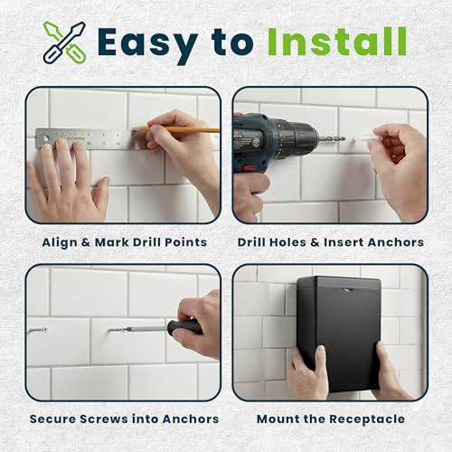 Image of Alpine Sanitary Napkin Receptacle - Wall Mounted Tampon Holder for Bathroom Provides Clean & Odor-Free Restroom for Home, Office & Public Restrooms (Black)