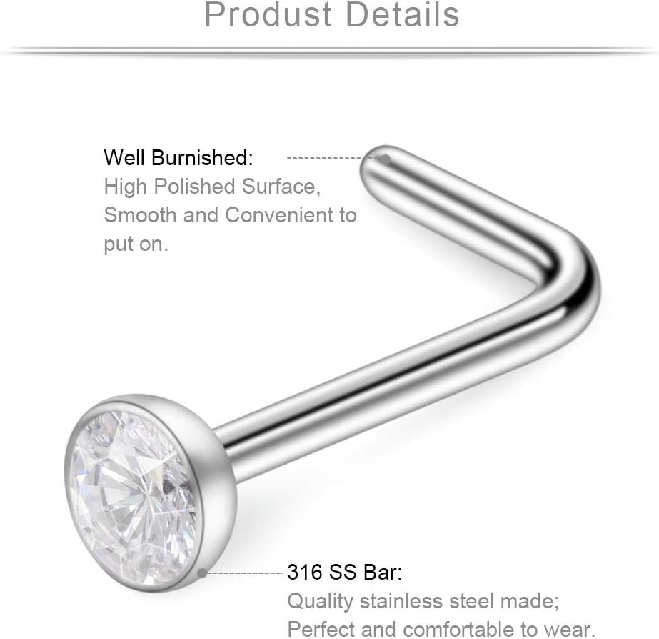 Ruifan 24PCS 22G Stainless Steel 2.5mm Diamond CZ Nose Studs Rings L Shaped 2mm Clear Bioflex Nose Ring Retainer Piercing Jewelry