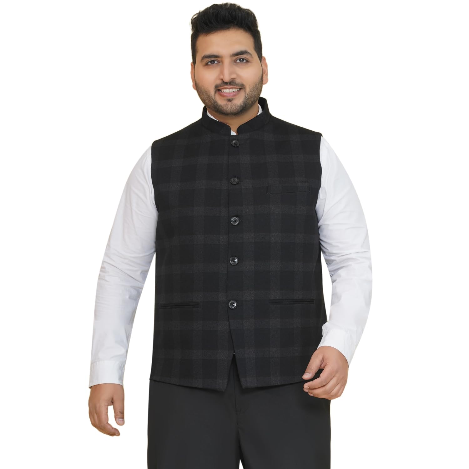 Plus Size Men Checked Tweed Black Nehru Jacket (JPNJ7514_Black)-image-44