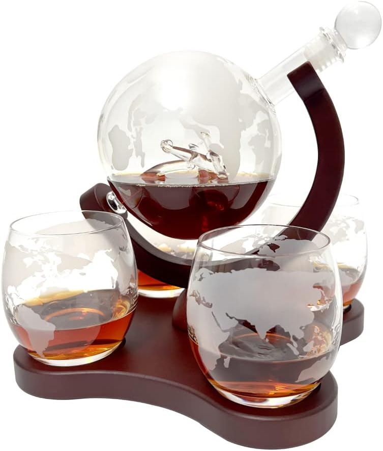 Juego de 4 decantadores de whisky, juego de copas de vino con jarra de licor, decantador de vidrio de globo de whisky de 27.1fl oz con soporte de