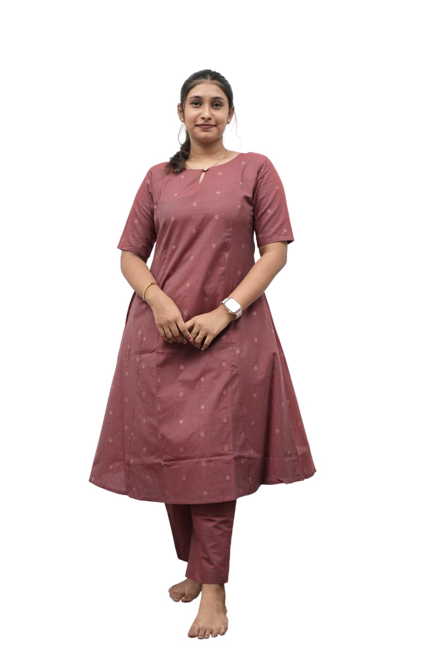 Dusky Rose/Mroon Shade Handloom Cotton Princess A-Line Kurti Pant and Top Set For Women-image-22